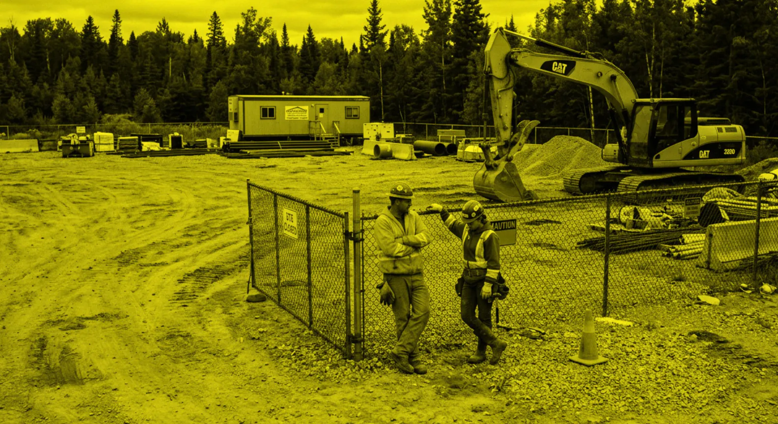 AI-generated image: two workers waiting beside a parked excavator on a stalled jobsite